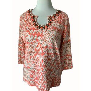 Ruby Rd quarter sleeve coral beaded embellished scoop neckline spandex top Large